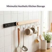 1 buah Pengait Rel Geser Dapur, Rak Rel Geser Tanpa Pengeboran, Batang Gantung Kamar Tidur, Rak Penyimpanan Belakang Pintu Kabinet - Warna Kayu - View 2