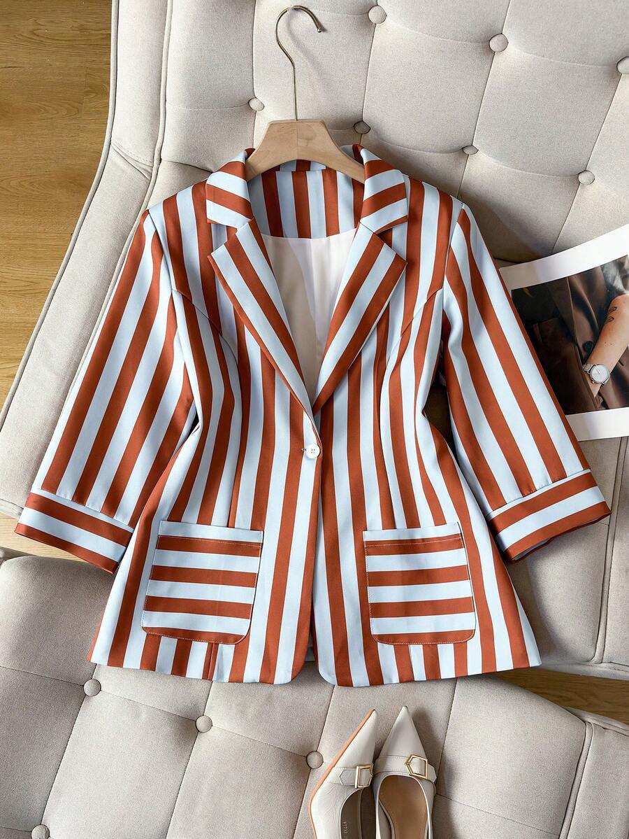New Spring/Autumn Striped Print Elegant Fashion Women's Blazer - Coral Orange - View 1