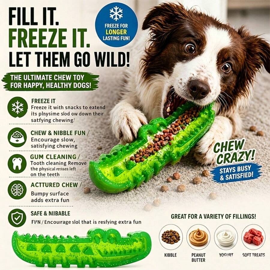 Double-Sided Design - Dog Treat Hiding Rubber Toy, Fun Green Cartoon Crocodile Shaped Design, Pet Food Dispensing Hiding Foraging Chewing Toy, Reusable Treat Dispenser Toy, Durable Material, Pet Intelligence Training, Suitable For All Breeds Of Dogs. - Multicolor - View 1