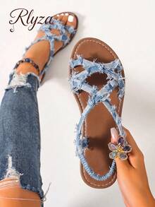 Plus Size Women's Casual Fashionable Versatile Slip-On Flat Sandals, Spring/Summer,Beach Outfits - Blue - View 1