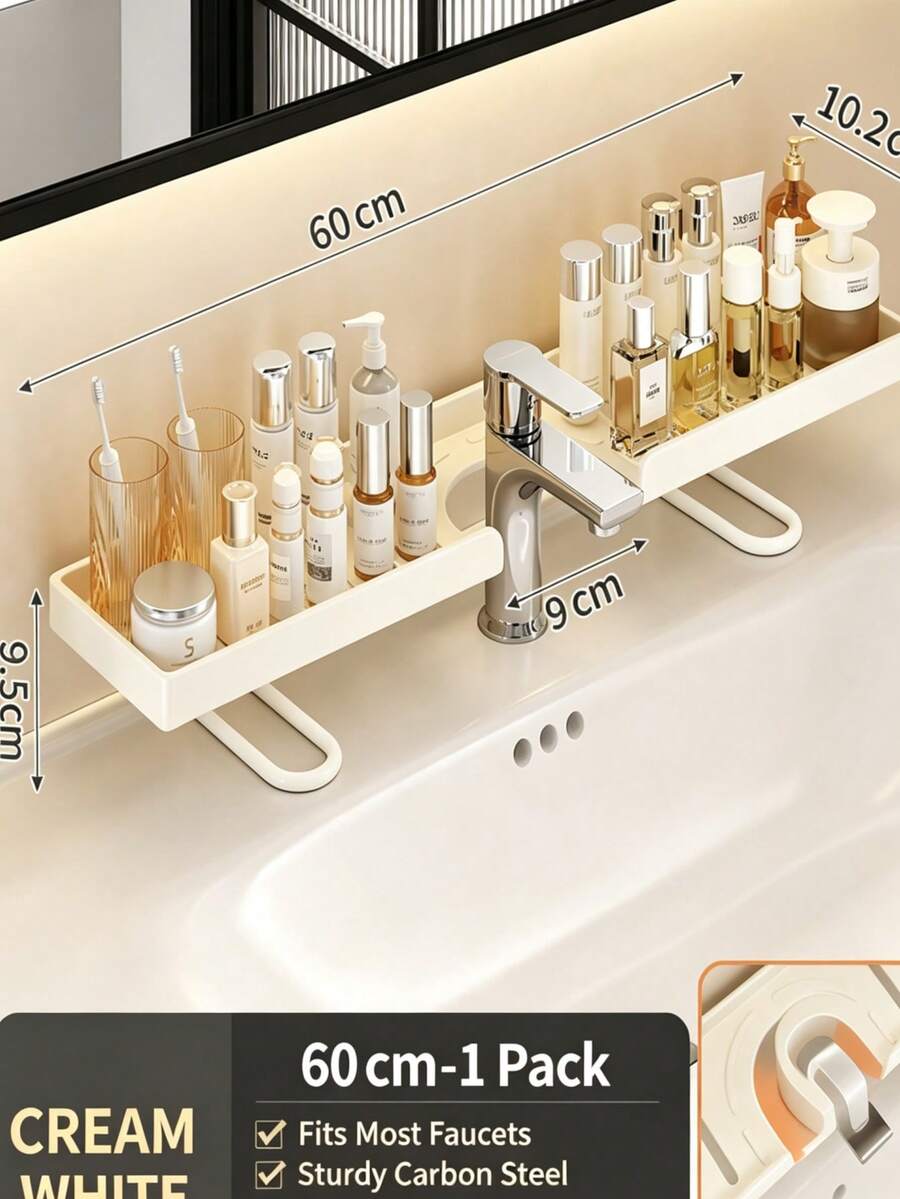 1pc Carbon Steel Vertical Faucet Shelf, No-Drill Installation Bathroom Organizer, Minimalist Ins Style Cream White Grooved Split Design, Toiletries And Cosmetics Storage Rack, Home Daily Bathroom Sink Storage Shelf