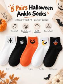 5/10 Pairs Halloween Casual Versatile Pumpkin Socks, Personalized Fun Couple Style Sweat-Absorbing Casual Socks, Suitable For Halloween, Daily And Home Use - Multicolor - View 1