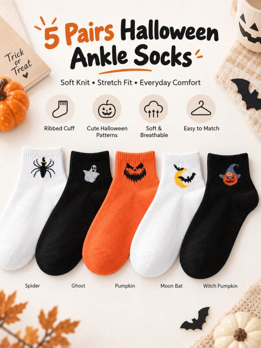 5/10 Pairs Halloween Casual Versatile Pumpkin Socks, Personalized Fun Couple Style Sweat-Absorbing Casual Socks, Suitable For Halloween, Daily And Home Use - Multicolor - View 1