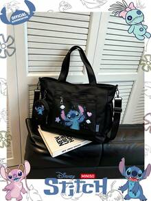 Miniso Disney Stitch 可愛愛心與星星卡通印花托特包 2 件組，附零錢包，適合工作、旅行、購物與日常使用 - 黑色 - 查看 1