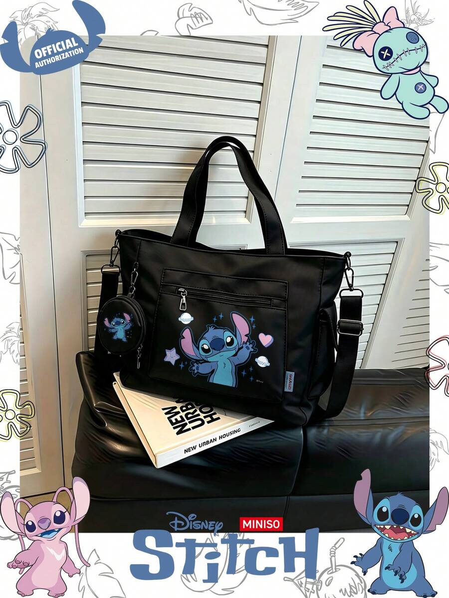 Miniso Disney Stitch 可愛愛心與星星卡通印花托特包 2 件組,附零錢包,適合工作、旅行、購物與日常使用 - 黑色 - 查看 1