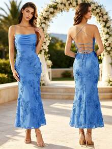 2026 New Women's French Style Spaghetti Strap Backless Tie-Back 3D Floral Evening Dress - Blue - View 5