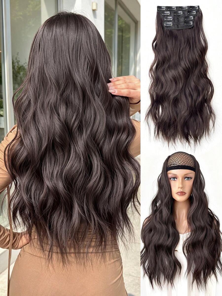 HEYPINK Clip-In Hair Extensions, Natural Black Brown, 22 Inch, 4 Pieces, Long Wavy Curly Hair, Synthetic Hair Extensions, Suitable For Women And Girls Daily Use.