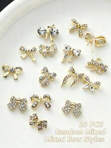 30pcs/20pcs/10pcs Metal Bow Nail Art Charms, Shiny Rhinestone & Pearl Inlaid Alloy Nail Decorations, Luxury 3D Bow Nail Accessories For DIY Nail Art - Multicolor - View 14