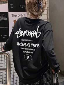 Women's Fashion Autumn/Winter Loose Minimalist Versatile Letter Print Long Sleeve T-Shirt - Black - View 1