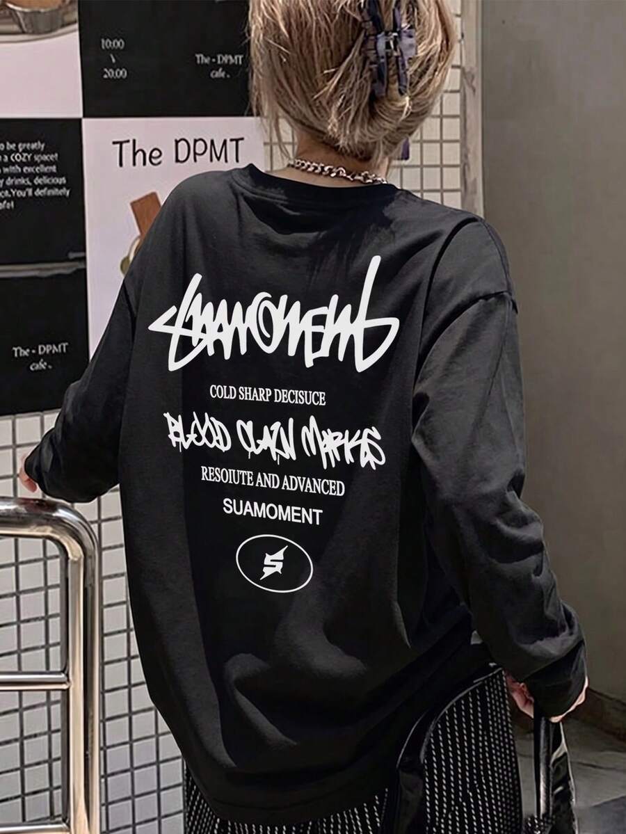 Women's Fashion Autumn/Winter Loose Minimalist Versatile Letter Print Long Sleeve T-Shirt - Black - View 1