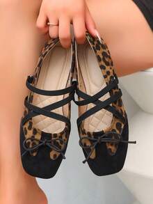 Leopard Print Colorblock Square Toe Ballet Shoes, Black Suede Bow Decor With Cross Elastic Straps, Classic Wild Leopard Print With Black Faux Suede Patchwork, Spring/Autumn Women's Shallow Flat Shoes - Leopard - View 3