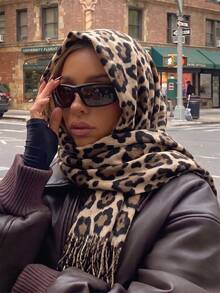 1pc Women Leopard Print Scarf Soft Warm Cashmere Feel Fringe Shawl Wrap, Vintage Animal Pattern Long Scarves For Fall Winter Daily Outdoor - Beige - View 2