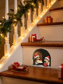3pcs Christmas Mini Wall Sticker,3D Mouse Hole Wall Decals Fun Animal Stickers,Christmas 3D Realistic Mouse Hole Wall Sticker,Funny Santa Mice With Cheese Gift Pattern Sticker For Christmas Party Decor,Xmas Baseboard Door Window Border Home Decor. - A - View 2