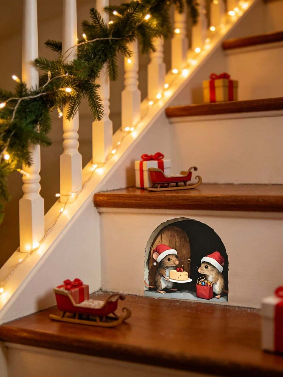 3pcs Christmas Mini Wall Sticker,3D Mouse Hole Wall Decals Fun Animal Stickers,Christmas 3D Realistic Mouse Hole Wall Sticker,Funny Santa Mice With Cheese Gift Pattern Sticker For Christmas Party Decor,Xmas Baseboard Door Window Border Home Decor.