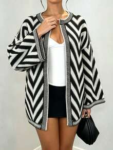 Plus Size Casual Fashion Black & White Striped Belted Long Sleeve Cardigan Sweater - Black and White - View 6