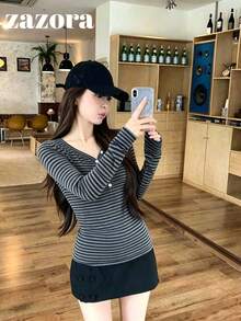Kaos Lengan Panjang Bergaris Blok Warna Gaya Korea dengan Kancing Setengah Terbuka dan Leher V - Hitam - View 7