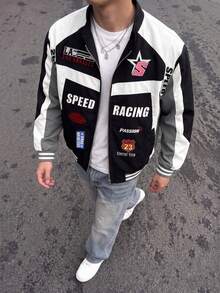 Y2K Vintage Racing Jacket Unisex Colorful Patchwork Print Zipper Flight Jacket Streetwear Speed Motorcycle Racing Jacket Retro Hip Hop Baseball Jacket - Grey - View 1