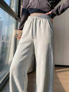Women's Elastic Drawstring Wide Leg Pants, Casual Straight Leg Sweatpants, Loose Fit Banana Pants For Home, Daily Wear And Commuting - Grey - View 3