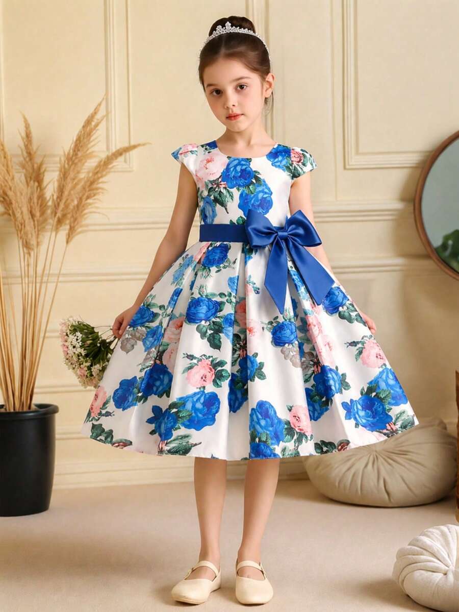 Young Girls Round Neck Floral Print Bow Elegant Luxurious Party Dress, Headband Not Included, Random Floral Pattern - Royal Blue - View 1