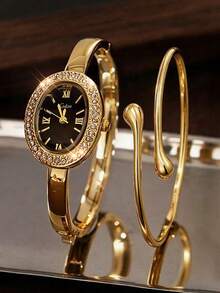 This 2pcs/Set Elegant Rhinestone Watch Is A Fashionable, Minimalist, Luxurious Full Rhinestone Women's Quartz Watch, Paired With A Heart-Shaped Diamond Bracelet Set, Suitable For Holidays, Parties, Weddings, Gatherings And Daily Wear, Making It The Perfect Gift For Women. - Gold - View 8