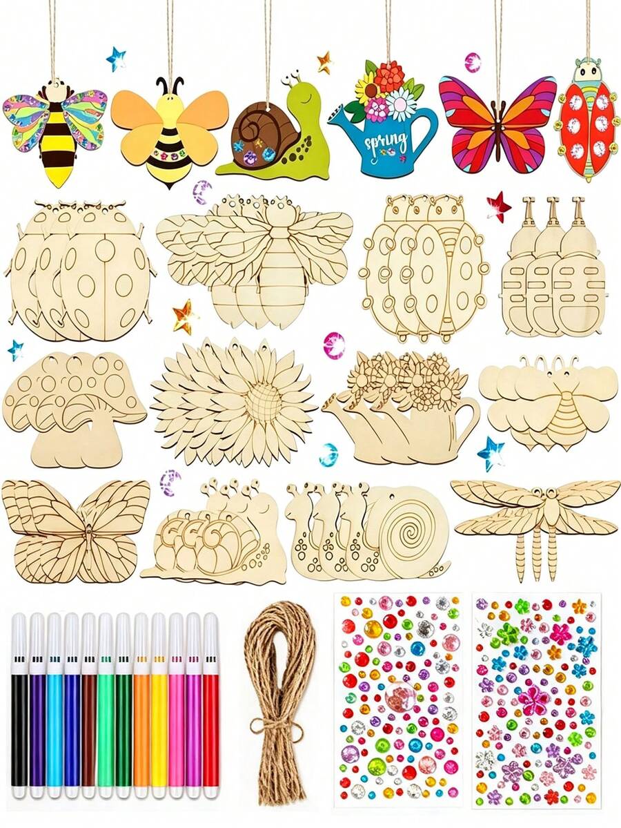 51/38/25pcs Insect & Animal Wooden Craft Set,Children's Handicraft Kit,Hand-Painted Doodle Set,Suitable For Spring Festival Decoration,Perfect For Halloween Party,Pajama Party,Holiday Party Decorations, School Art Project