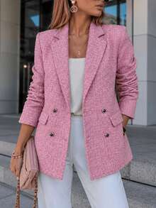 Women's Elegant Preppy Double-Breasted Blazer, Loose Fit, Exquisite Commuter Style Classic Pocket Outerwear - Pink - View 4
