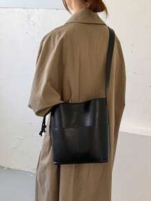 Mini Summer Fashion Texture Solid Color PU Bucket Bag Retro Versatile Women's Shoulder Bag - Black - View 6