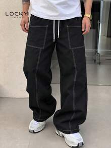 男士黑色寬腿工裝長褲，美式白色對比縫線口袋休閒長褲 - 黑色 - 查看 3