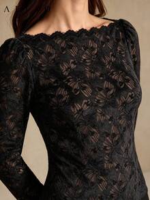 Aliao Autumn/Winter Faux Knit Lace Patchwork Cold Shoulder Long Sleeve Slim Fit Base Layer Top, Date & Party Style - Black - View 5