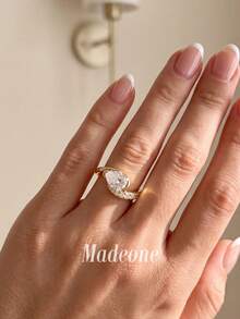 MADEONE 1件 6*9mm 迷人扭轉設計半套水滴戒指，適合現代疊戴、休閒時尚與時尚點綴 - 6*9扭臂半鑲 - 查看 3