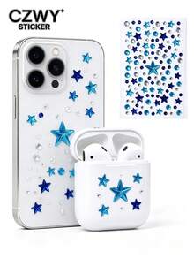 1pc Ice Blue High-Shine Five-Pointed Star Faux Diamond Decorative Sticker, Phone Laptop Decorative Sticker, Comes With Tweezers, Compatible With Phone Case, Tablet, Earphone Case - Blue Star - View 1