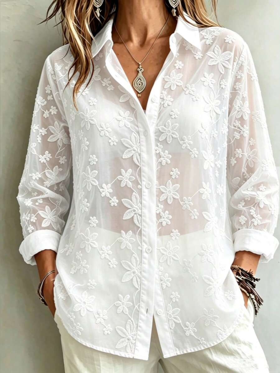 Women's White Embroidered Floral Button Shirt Collar Top, Hollow Out Regular Fit Autumn Blouse - White - View 1
