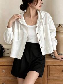 Autumn Versatile Striped Long Sleeve Ruched Loose Breathable Hooded Shirt Back To School White - White - View 4