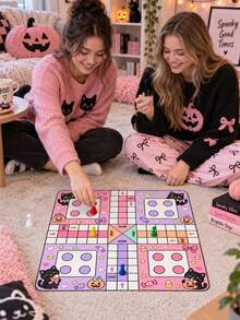 1件可愛粉色萬聖節方形聚酯纖維 Ludo 棋盤遊戲墊，幽靈、黑貓、南瓜、蝙蝠、糖果、星星與月亮印花，4人玩家 START/HOME 遊戲盤，含1袋遊戲配件，適用萬聖節派對、家庭遊戲與室內娛樂 - 多色2 - 查看 7