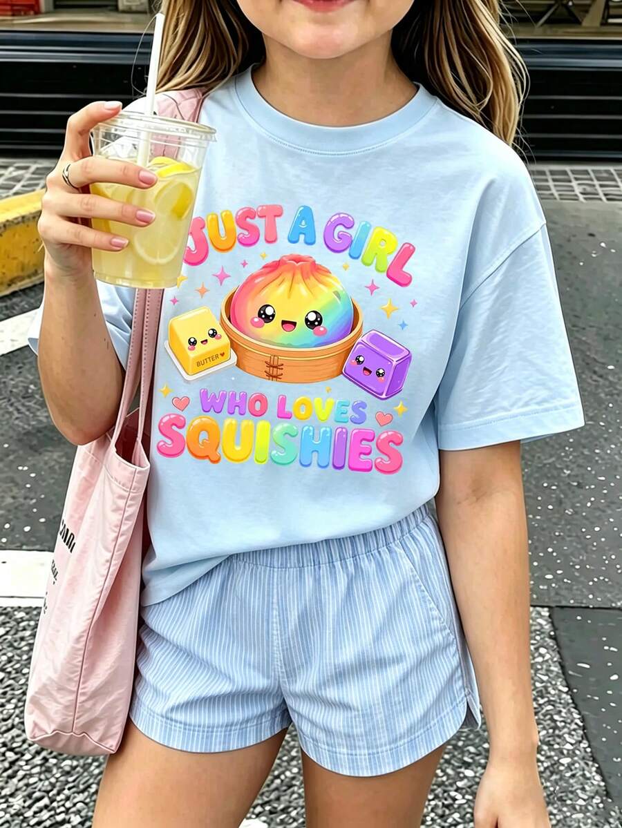 Tween Girl Casual Fun Graphic Print Crew Neck Short Sleeve T-Shirt Summer Top - Baby Blue - View 1
