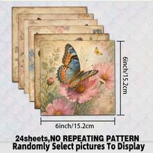 24 Sheets 6*6 Inch Non-Repeating Vintage Distressed Butterfly & Floral Scrapbook Paper, French Old Letter & Postmark Collage Paper, Suitable For Junk Journal, Bullet Journal, Scrapbooking, Greeting Card Making, Photo Album Background, DIY Handmade Collage Decoration - Square - View 3