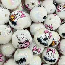 10pcs 16mm Rainbow White Ghost Print Acrylic Round Beads, Random Mixed Color Pink Bow Halloween Perforated Beads, Suitable For Pens, Bracelets, Jewelry Crafts - Random Color Mixing - View 9