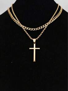 2pcs/Set Vintage Stainless Steel Gold-Plated Chain & Twisted Rope Chain Cross Necklace, Unisex, Daily Wear, Holiday Wear, Niche Luxury, Fashionable Versatile - Yellow Gold - View 3