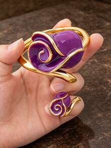 Letingsha Gold-Plated Purple Enamel Rose-Shaped Open Bangle And Adjustable Open Ring Set, Luxury Floral Design Jewelry, Suitable For Women To Wear, Applicable For Weddings, Banquets, Daily Parties And Other Occasions - Purple - View 8