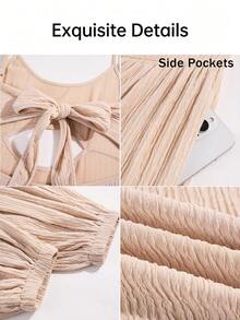 Aliling Women's Fashion Casual Solid Color Hollow Waist Camisole Harem Jumpsuit, Tie-Back Design, Elastic Textured Fabric, Suitable For All Daily Occasions - Apricot - View 4