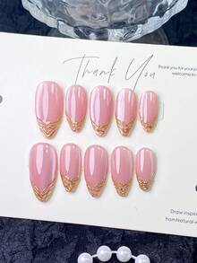 10 Pieces Of Handmade Press On Nails,Fake Nails,Almond Nails,Short Nails,Press On Nails Acrylic,Fall Nails,Pink Cat‑Eye Base With Textured Gold Line French Tip,Reusable Press On Nails For Wedding Dating Daily Party,With Manicure Gift For Women Girls - Watermelon Pink - View 1