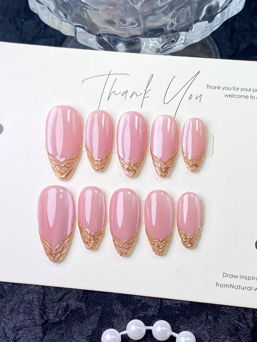10 Pieces Of Handmade Press On Nails,Fake Nails,Almond Nails,Short Nails,Press On Nails Acrylic,Fall Nails,Pink Cat‑Eye Base With Textured Gold Line French Tip,Reusable Press On Nails For Wedding Dating Daily Party,With Manicure Gift For Women Girls - Watermelon Pink - View 1