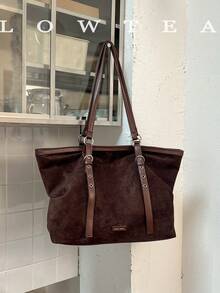 low tea 1pc Buckle Suede Fabric Shoulder Tote Bag Suitable For Commuting, Shopping Etc - Coffee - View 12