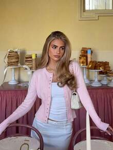Elegant Intellectual Solid Color Button-Up Cardigan For Women, Suitable For Holiday, Travel, Date, Autumn/Winter - Pink - View 3