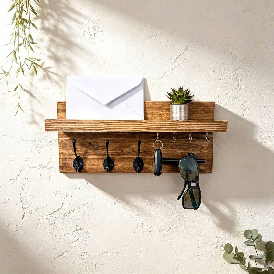 12 Inch Wooden Key Rack With Mail & Sunglass Holder, Room Decor, Bedroom Decor For Bedroom Kitchen Bathroom, Wall‑Mounted Entryway Organizer With Multiple Hooks, Versatile Home Deccor For Wall Storage Decoration - View 1