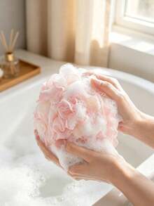1pc Soft Mesh Bath Loofah, Two Tone Color Shower Sponge, Exfoliating Bath Pouf With Hanging Loop, Gentle Body Washing Puff For Shower Bathroom, Assorted Pastel Colors Holiday Essentials Christmas Bathroom Accessories - Multicolor - View 9