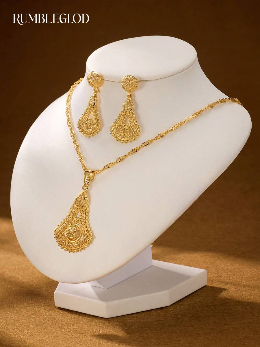 3pcs Luxury Exquisite Windmill Disc Necklace & Earrings Set, 18K Gold Plated, Suitable For Women, Girls, Wedding, Party, Daily Wear - Gold - View 1