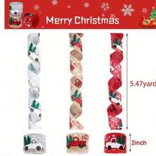 1 Roll Christmas Ribbon, 2 Inch X 5 Yards, Red Linen Texture Christmas Tree Print, Vintage Style Wired Ribbon, Suitable For DIY Wreaths, Gift Wrapping, Holiday Home Decor - Multicolor - View 2