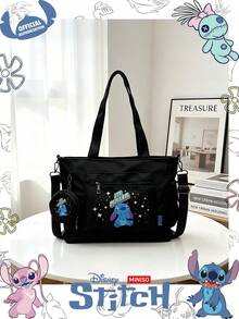 Miniso 迪士尼 Stitch 與 Malia 文字星形卡通印花托特包 2 件組附零錢包，適合工作、旅行、購物與日常使用 - 黑色 - 查看 4