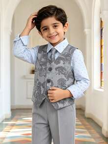 YOKLUN 3pcs Set Young Boys Premium Gentleman Formal Wear Vest + Pants + Tie Suitable For School Performance, Wedding Page Boy, Banquet And Other Occasions - Grey - View 2